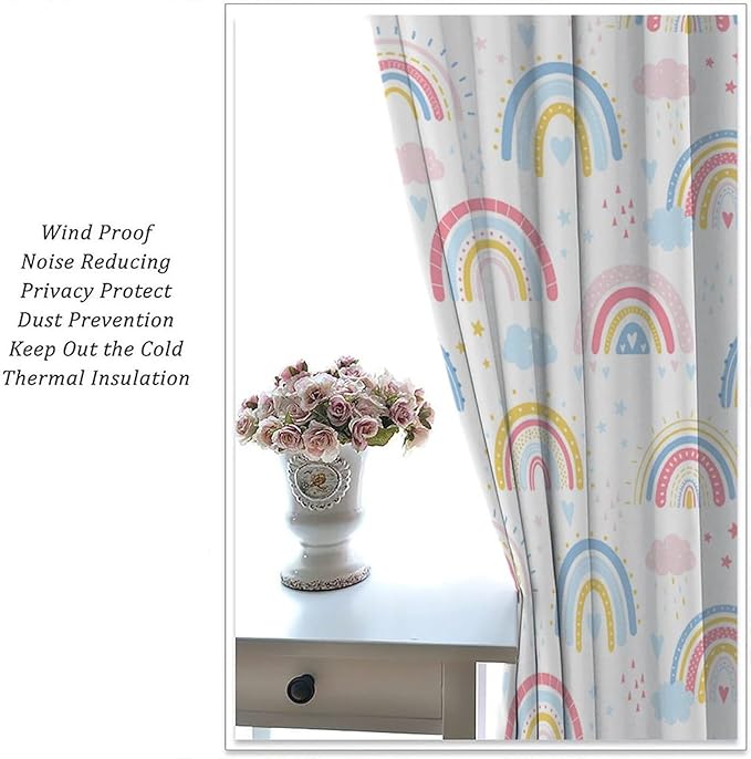 Kids Rainbow Curtains Boho Cartoon Colorful Stars Love Heart Lovely Abstract Art Pattern Print Window Drapes for Girl Bedroom Living Room Kitchen Decor,2 Panel Set,42Wx63H Inch Blackout