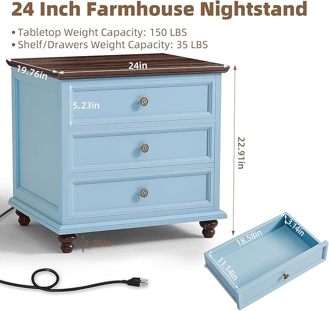 Farmhouse Dresser and Nightstand Sets, Wooden 7 Drawers Dresser & 24" Night Stand with 3 Drawers, 2 Piece Bedroom Furniture Set, Chest of Drawers for Bedroom, Home, Living Room, Hallway