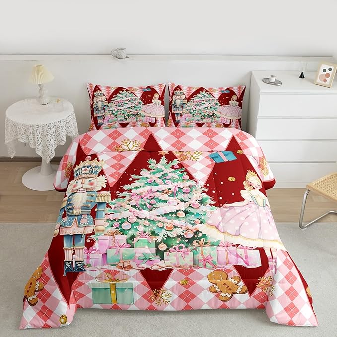 jejeloiu Christmas Nutcracker Comforter Set Twin Size Gingerbread Man Bedding Set for Kids Boys Girls Xmas Tree Duvet Quilt Red Bedroom Decor