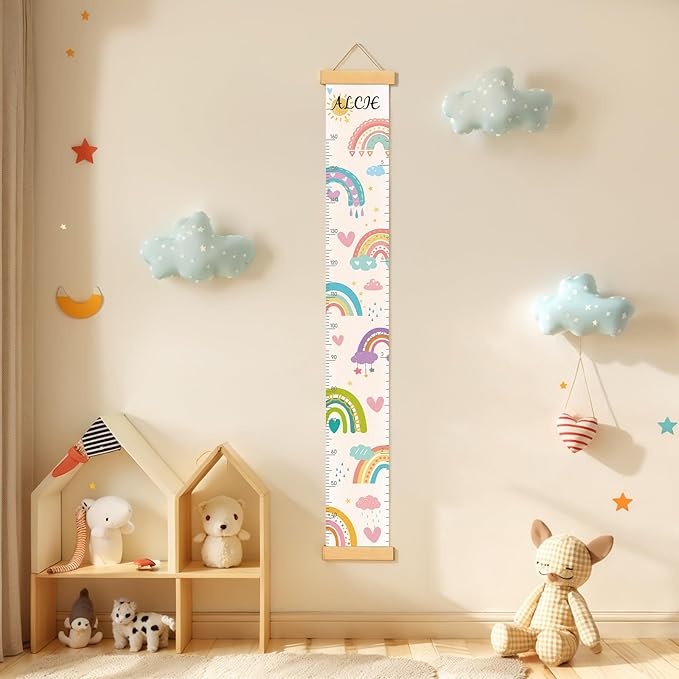 Personalized Name Kids Growth Chart, Watercolor Animal Canvas Baby Height Growth Chart Wall Decor for Baby Kids Toddlers (Rainbows)