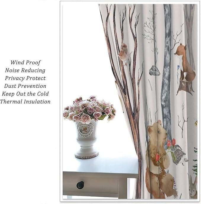 Rustic Forest Window Curtains Curtains, Woodland Animal Bear Deer Hedgehog Fox Squirrel Watercolor Blackout Rod Pocket Treatments Drapes for Boys Girls Bedroom 42x63in
