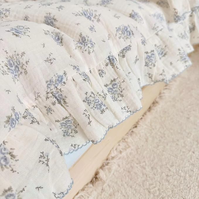 BuLuTu Chic Shabby Vintage Floral Duvet Cover Twin for Kids Girls Boys 100% Cotton Muslin Ruffled Quilt Cover Twin, 68"x86", Freesia Print, Soft Breathable, Zipper Closure, No Pillowcase