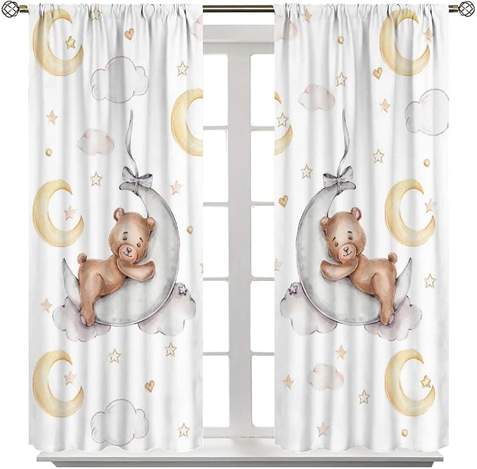 Cartoon Bear Curtains, Cartoon Watercolor Lovely Bear Moon Stars Printed Blackout Window Treatments, Rod Pocket Thermal Insulated Drapes 2 Panel Sets for Kids Bedroom Nursery Classroom, 55"W X 63"L