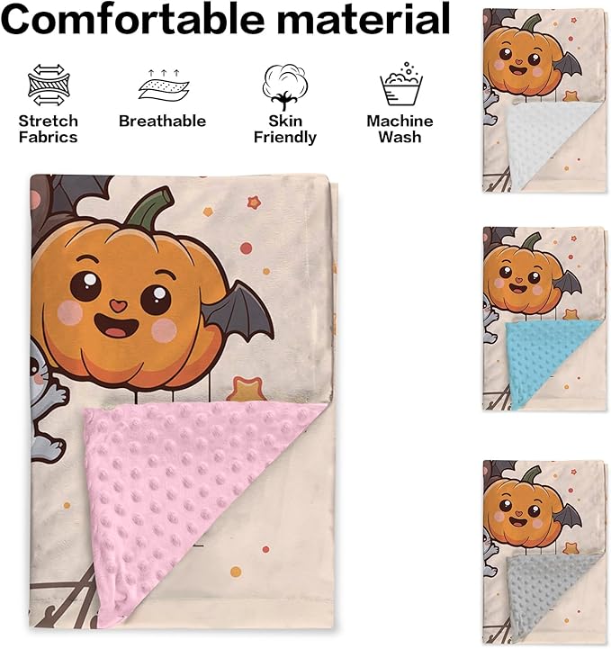 Personalized Halloween Blanket for Baby Boys Girls, Custom Baby Blanket with Name, Pumpkin Bat Pattern Soft Minky Dot Blanket, Halloween Decor Christmas Birthday Gifts for Kids Toddlers