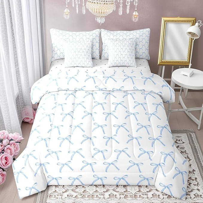 Manfei 7 Pieces Cartoon Bowknot Kids Comforter Twin Size,Bow Tie Knot Geometric Patchwork Fashion Bedding Set,Hand-Painted Sketch Blue Noble（Comforter+Fitted+Flat+2 Pillowcases+2 Throw Pillow Covers）