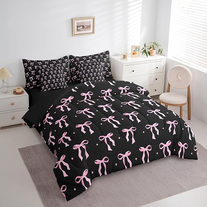 7 Pieces Pink Bowknot Kids Comforter King,Stars Watercolor Bow Tie Patchwork Bedding Set,Butterfly Knot Princess Black Noble Chic（Comforter+Fitted+Flat Sheet+2 Pillowcases+2 Throw Pillow Covers）