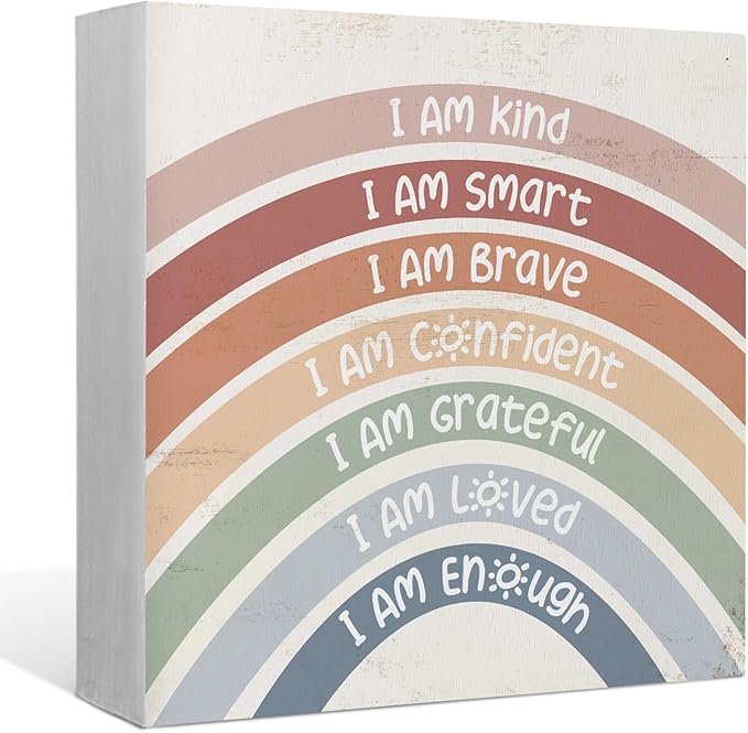 I am Kind I am Smart I am Brave Positive Self Affirmations Boho Rainbow Wood Box Sign Desk Decor,Rustic Summer Wooden Block Sign Decorations for Home Girls Room Dorm Office Wall Tabletop Shelf Decor