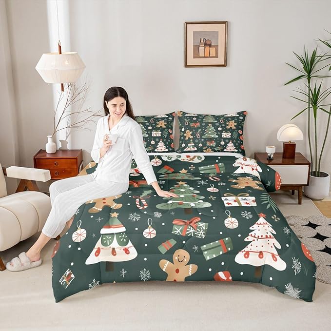 Feelyou Christmas Comforter Set Twin Size Xmas Tree Bedding Set for Kids Boys Girls Gingerbread Man Duvet Quilt New Year Gift Bedroom Decor Microfiber 2 Pcs with 1 Pillow Cases