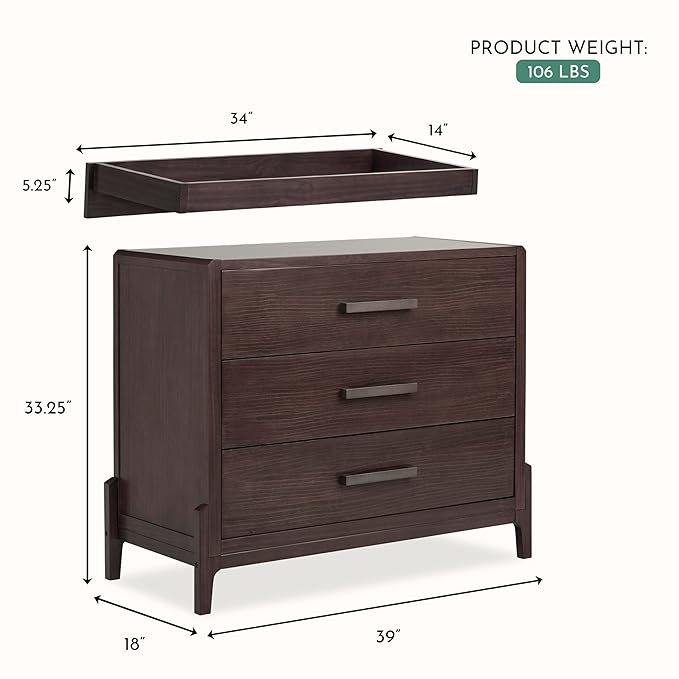 Evolur Atlas Nursery Dresser with Changing Tray | 3-Drawer Hardwood Chest for Baby Room | Roasted Chestnut