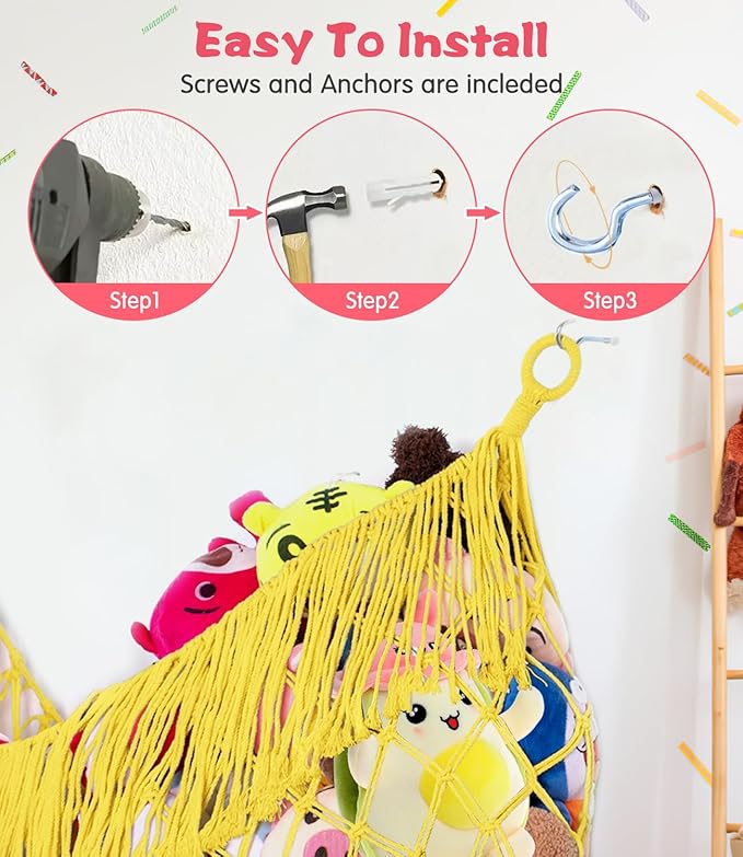 Stuffed Animal Hammock - Extra Large 63'' Long, Stuffed Animal Storage, stuffed animal Holder net, Toy Hammock Large, Toy Storage Hanging Organizer - Lemon yellow