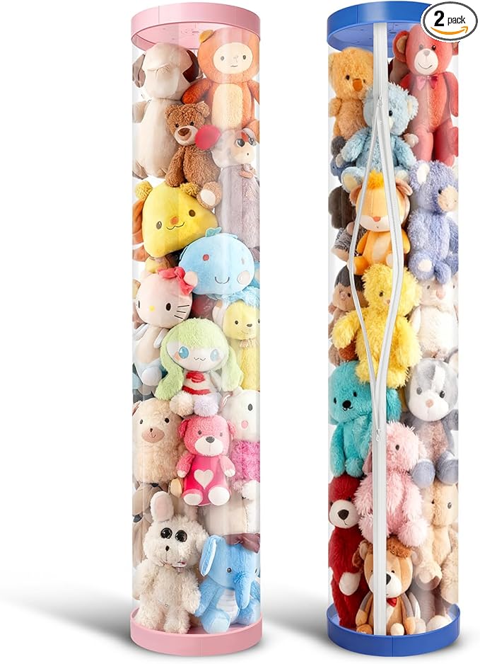 2 Pack Stuffed Animal Storage Tube - Clear 60 inch Large Vertical Toy Organizer, PET Transparent Display Holder for Plushies, Kids Stuffed Animals Zoo for Playroom, Living Room, Bedroom (Pink+Blue)