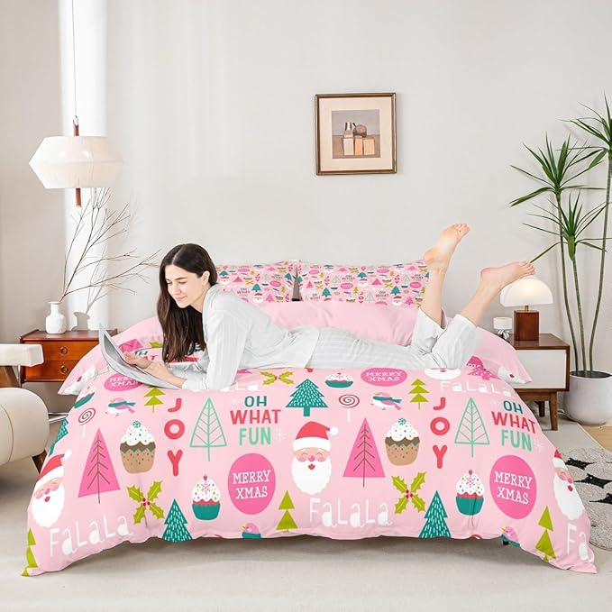 Feelyou Christmas Kids Bedding Set Cartoon Santa Claus Duvet Cover for Boys Children Teens Bedroom Decor Christmas Tree Comforter Cover Set Xmas Theme Bedspread Cover Full Size with 2 Pillow Case