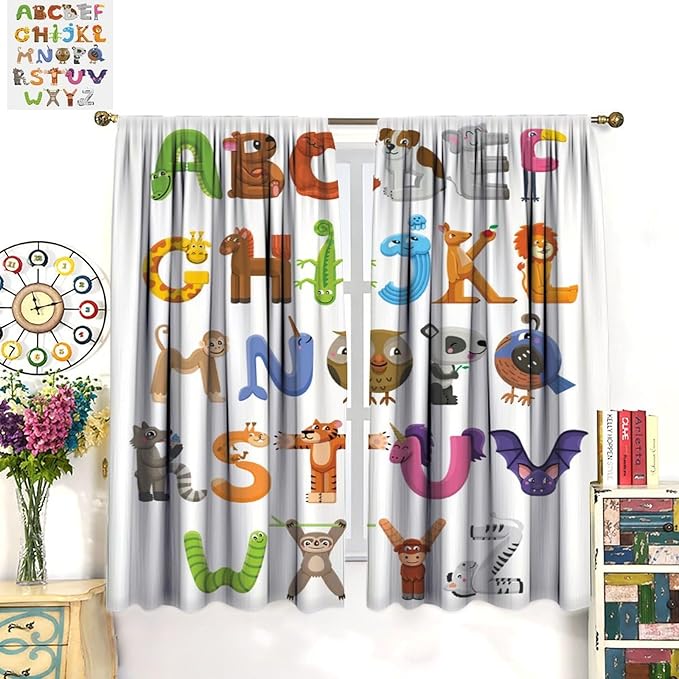 Kids Alphabet Curtains Cartoon Animal Baby Children Funny Learning Educational Curtain with Rod Pocket for Bedroom Nursery Decor Drapes Window Treatments 2 Panels Set 84x84in