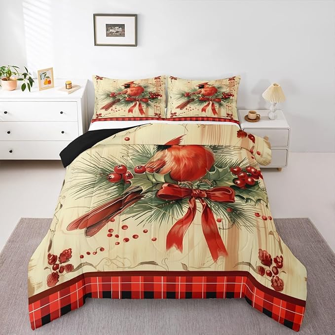 jejeloiu Kids Red Cardinal Comforter Set King Size Christmas Red Black Plaid Bow Bedding Set for Boys Girls Teens Xmas Birds Animal Winter Wood Plank Duvet Quilt Room Decor