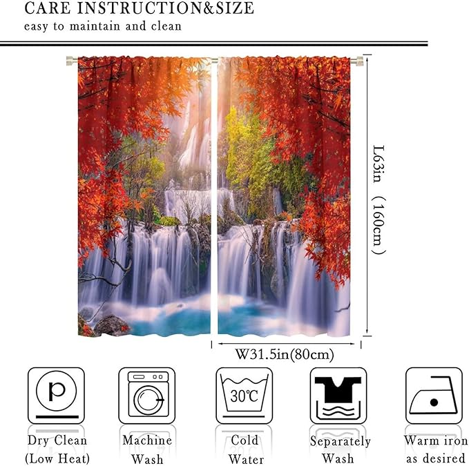Forest Waterfall Blackout Windows Curtains, Autumn Red Green Maple Leaves Jungle Rainforest Natural Scenery Landscape Curtains, for Living Room Bedroom 63x63in 2 Panels