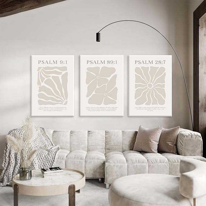 Scripture Christian Wall Art Set of 3 Beige Bible Verses Wall Decor Neutral Psalm Canvas Wall Art Modern Pictures Flower Prints Christian Artwork for Living Room Bedroom 24x36 Inch Ready to Hang