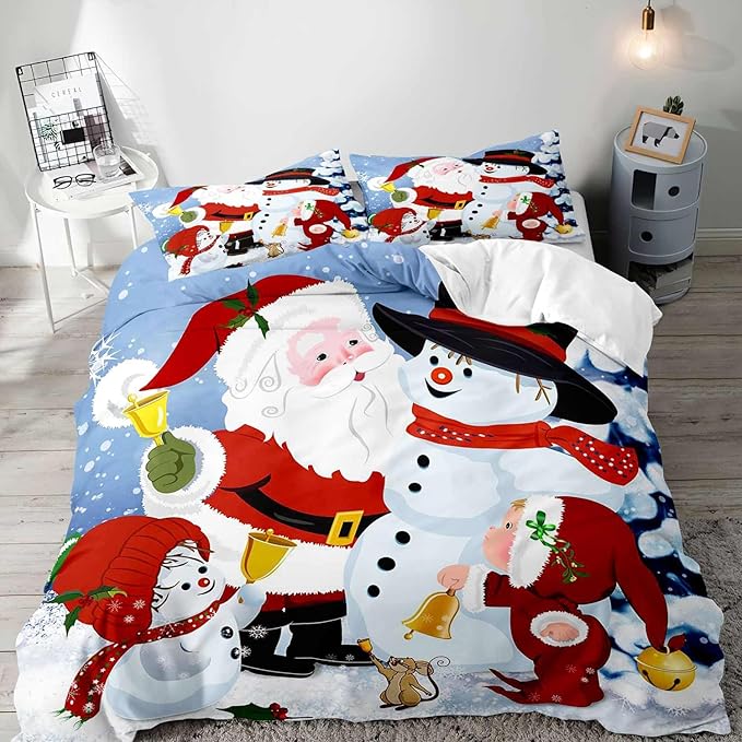 LUVIVIHOME 3PCS Christmas Duvet Cover Full Bedding Set, Boys Girls Kids Bedding, Cartoon Cute Snowman Santa Claus Winter Holiday New Year Xmas Christmas Comforter Bedspread Quilt Cover, 2 Pillow Cases