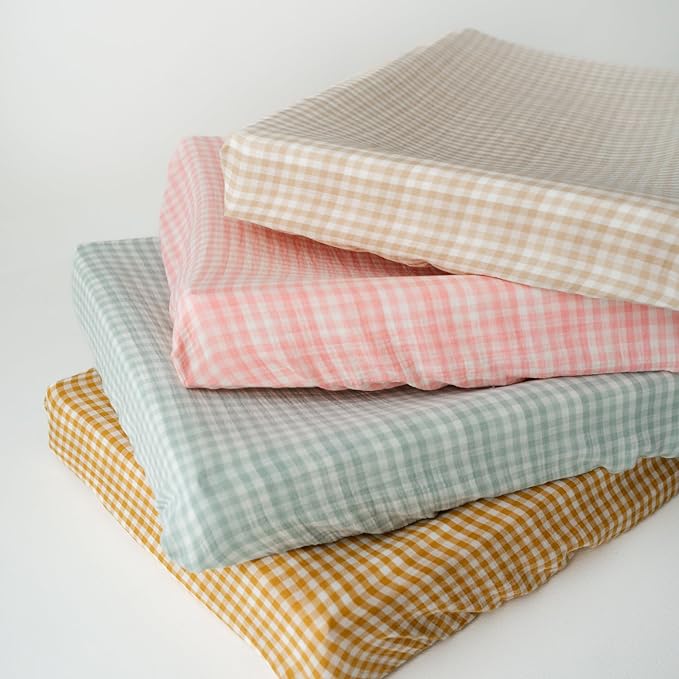 TISU Gingham Diaper Changing Pad Cover, 16 x 32 inches, Soft Muslin Cotton, Elastic Band, Check Pattern (Light Mint Gingham)