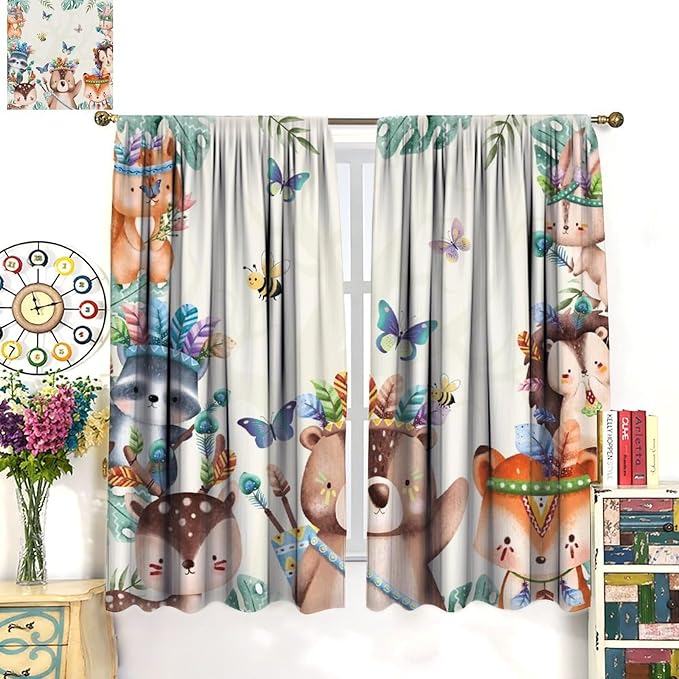 Jungle Safari Curtains, Cute Cartoon Forest Animals Pattern Blackout Window Treatments, Rod Pocket Thermal Insulated Drapes 2 Panel Sets for Children Boys Bedroom Nursery Classroom, 63" W X 63" L