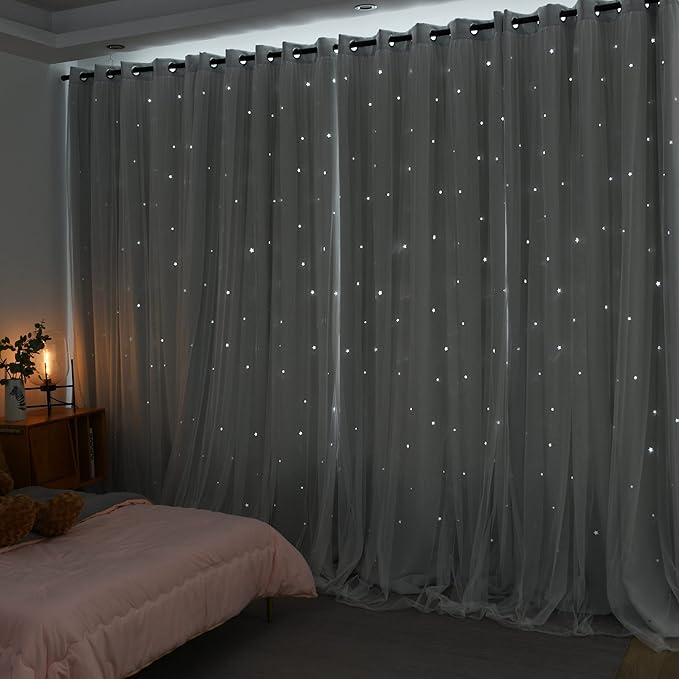 Kinryb Kids Star Cutout Curtains for Bedroom/Living Room/Classroom,2 Free Tiebacks Sheer Overlay 2 Panel Set, Double Layer Curtains for Kids Room(Each Piece W70xL84 Inches 2 Pcs Greyish White)
