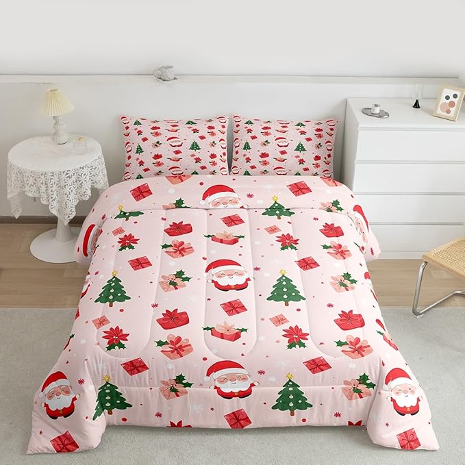 Feelyou Christmas Decor Bedding Set Soft for Boys Girls, Santa Claus Comforter Set King Size Xmas Duvet Quilt Microfiber Christmas Decor Bedroom Decor 3 Pcs with 2 Pillow Cases