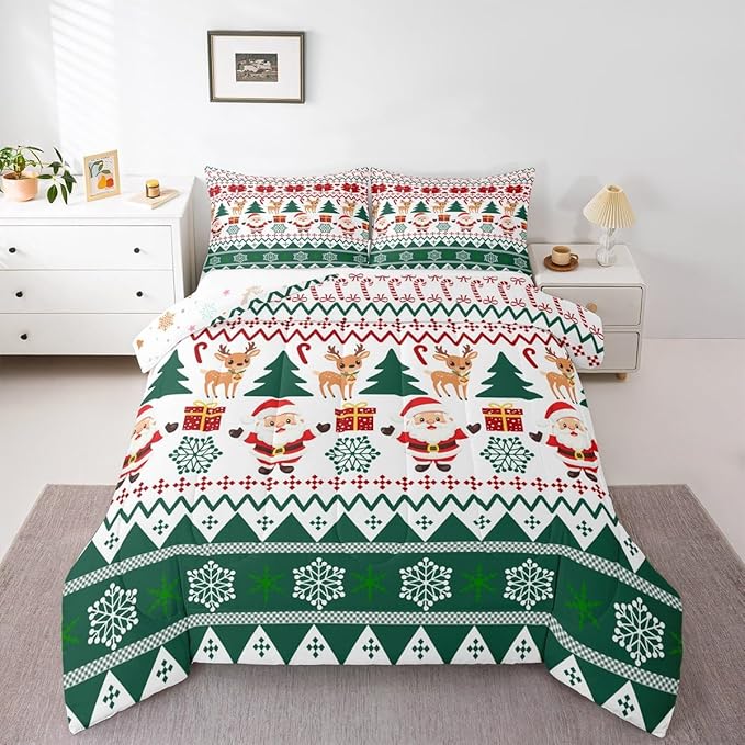 Feelyou Merry Christmas Kids Comforter Set King Size Santa Claus Bedding Set Cute Deer Duvet Quilt for Kids Boys Girls Bedroom Snowflake Decor Microfiber Ultra Soft Breathable