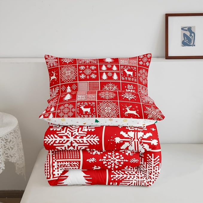 Kids Merry Christmas Comforter Set Twin Size,Deer Snowflake Pines Silhouette Bedding,Girls Boys Adults Bedroom/Xmas Cabin Decor,Geometric Lattice Down Comforter,Red Bright Duvet Insert,1 Pillowcase