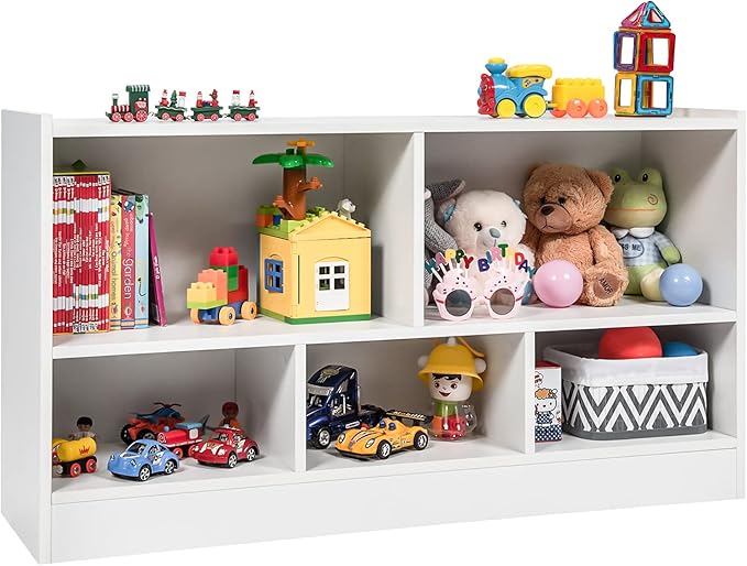 Costzon Toy Storage Organizer for Kids, 5-Section School Classroom Storage for Organizing Books Toys, Wooden Kids Bookshelf Daycare Furniture for Preschool, Playroom, Nursery, Kindergarten (White)