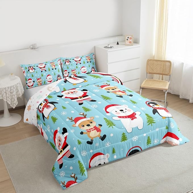 Feelyou Christmas Comforter Set Toddler Size Santa Claus Bedding Set for Kids Boys Girls Penguin Deer Duvet Quilt Xmas Snowflake Tree Bedroom Decor Microfiber 2 Pcs with 1 Pillow Cases