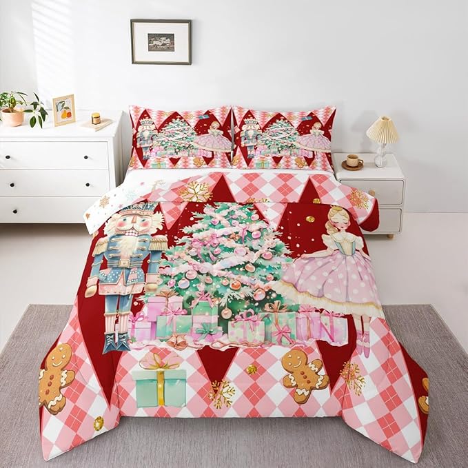 jejeloiu Christmas Nutcracker Comforter Set Toddler Size Gingerbread Man Bedding Set for Kids Boys Girls Xmas Tree Duvet Quilt Red Bedroom Decor