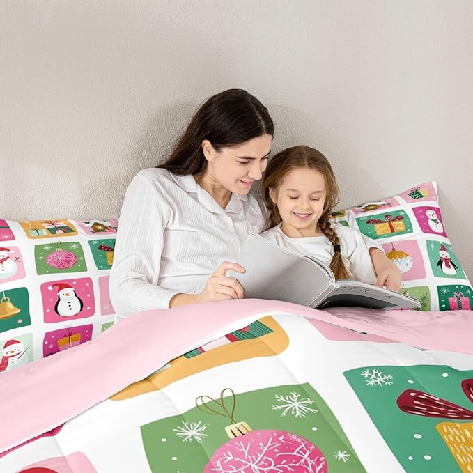 Feelyou Happy New Year Bedding Set Soft for Boys Girls, Christmas Decor Comforter Set Full Size Merry Christmas Duvet Quilt Microfiber Winter Penguin Bedroom Decor 3 Pcs with 2 Pillow Cases