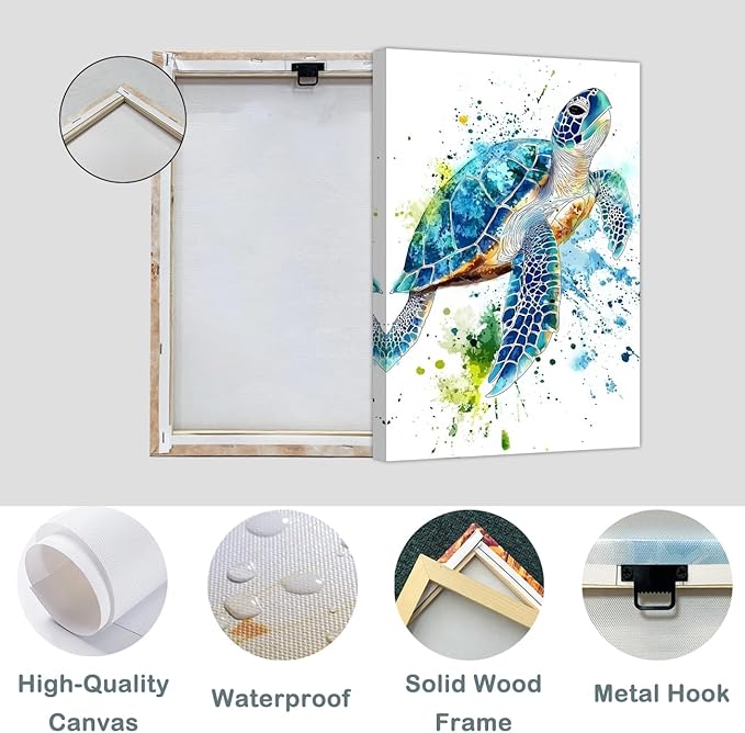AWPANERAR Sea Turtle Wall Art Bathroom Pictures Watercolor Sea Life Canvas Prints Ocean Animal Poster Nautical Theme Artwork for Kids Room Nursery Decor Framed (White, (42L x 28W))