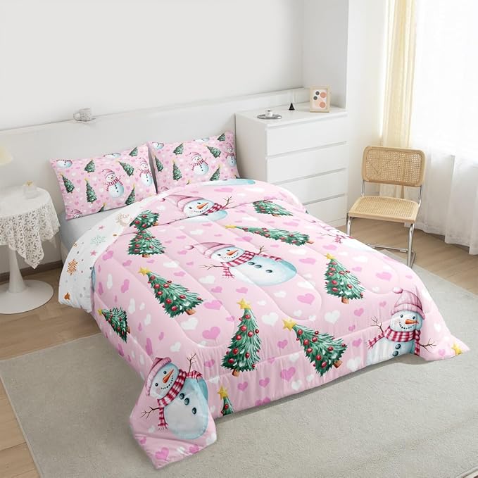 Feelyou Merry Christmas Comforter Set All Season Cute Snowman Bedding Set with 2 Pillow Cases Christmas Tree Microfiber Kids Queen Bedclothes Love Hearts Duvet Quilt Breathable Soft Lightweight