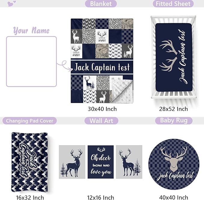 Personalized Baby Crib Bedding Set, 5 Pcs Custom Name Nursery Bedding Set for Girls Boys, Blue Woodland Deer Baby Crib Set for Toddlers Infants, Double Layer Bedding Crib Sets Customized Gifts