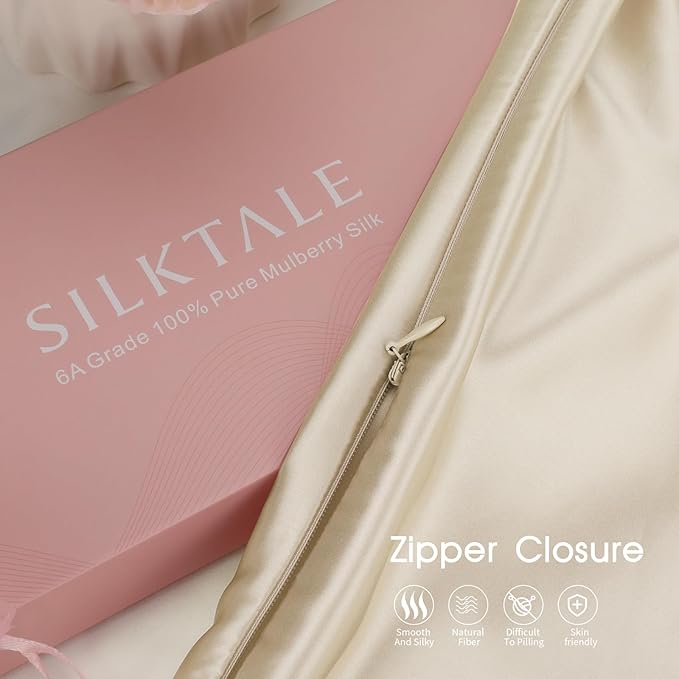 100% Mulberry Silk Pillowcase for Hair and Skin,Both Sides Natural Silk Bed Pillow Case with Hidden Zipper,19 Momme Grade 6A,1pc,Taupe,Standard Size 20x26 Inches