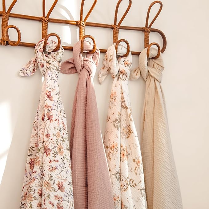lulumoon Muslin Swaddle Blankets for Baby: Soft Cotton Newborn Receiving Blankets - Floral Print Nursery Gift Set for Baby Girls(Olive Flower)