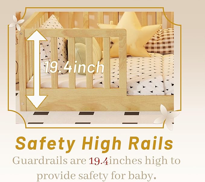 Twin Size House Bed for Kids, Low Profile Montessori Bed Twin with High Railings, Wood House Shape Montessori Beds with Light & Roof for Kids, Natural