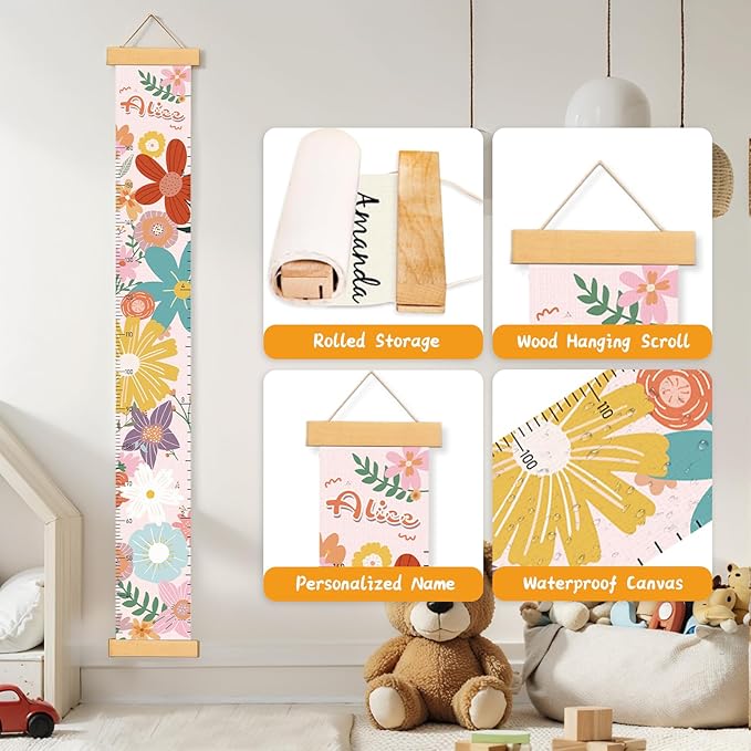 Personalized Name Growth Chart for Wall, Painted Flowers Canvas Height Chart for Kids Baby Child Toddler, Canvas Growth Chart for Wall Nursery Decor, Hangable & Waterproof