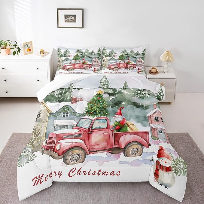 Red Old Truck Bedding Set Full Size,Christmas Tree Gnome Comforter Set for Kids Boys Girls Room Decor,Snowman Winter Rustic Style Duvet Insert 3Pcs,Merry Christmas Retro Quilt Set,2 Pillowcases