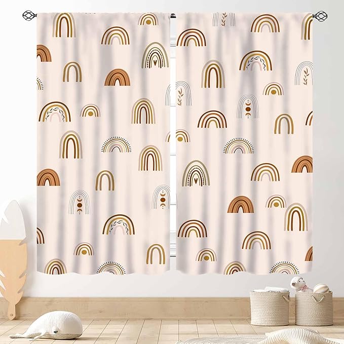 Rainbow Curtains, Boho Pastel Cute Cartoon Aesthetic Art Printed Beige Blackout Decorative Drapery for Kids Girls Baby Bedroom Living Room Classroom Nusery Bathroom Windows 2 Panels, 84"x84" Inch