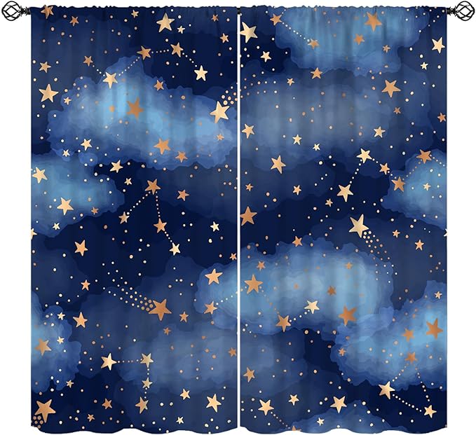 Starry Sky Blackout Curtains, Starry Scenery Blue Night Sky Stars Window Drapes for Kids Boys Girls Bedroom Living Room 52" W X 84" L