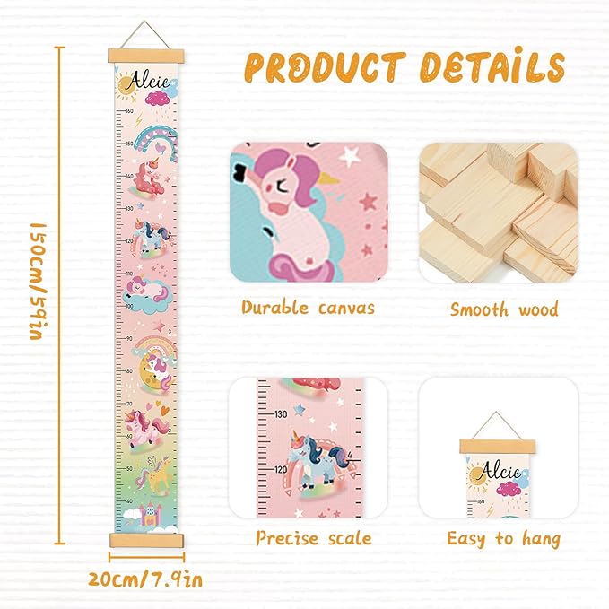 Personalized Name Growth Chart Wall Decor for Kids – Canvas Removable Height Chart Measuring Ruler 59" x 7.9" (Painted Unicorns)
