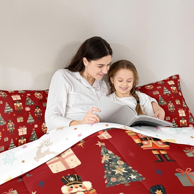jejeloiu Xmas Nutcracker Comforter Set Full Size Christmas Red Bedding Set for Kids Boys Girls Cute Snowflakes Duvet Quilt Bedroom Decor