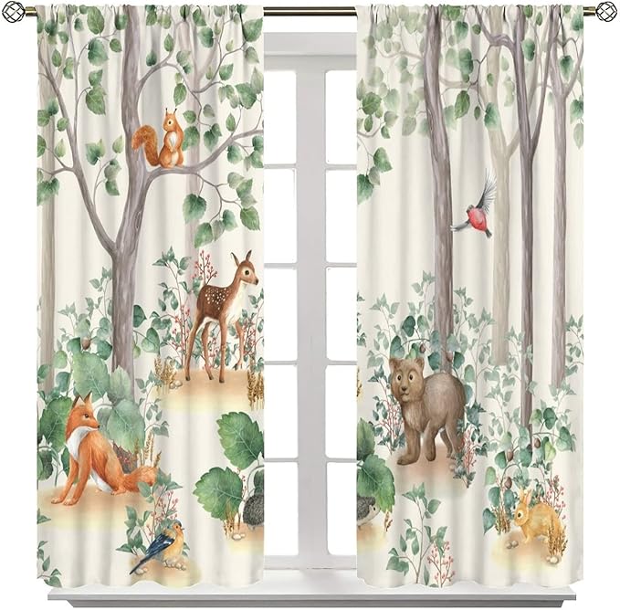 Forest Animal Curtains,Fox Elk Bird Animal Watercolor Woodland Print Curtains Kids Nursery Bedroom Living Room Home Decoration 52x84in