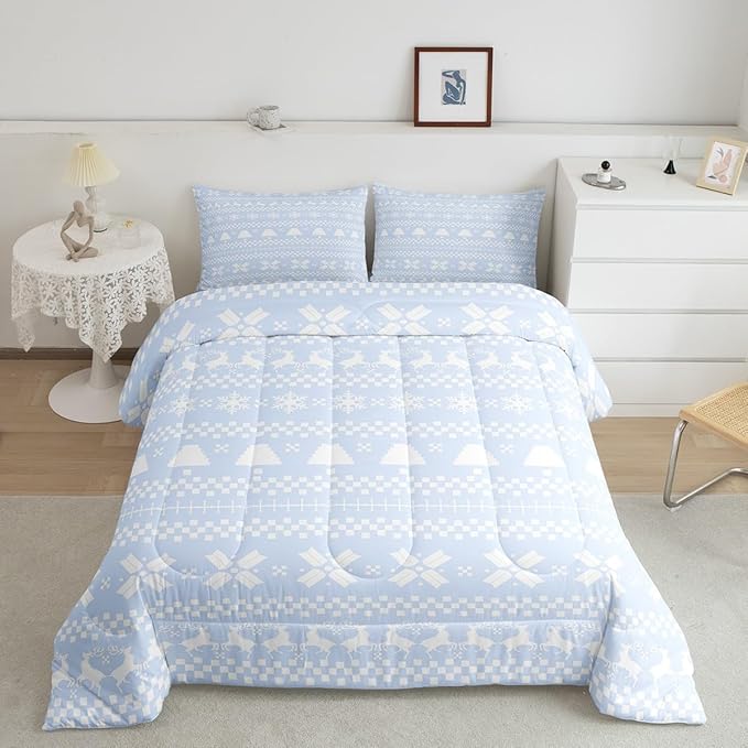 Feelyou Christmas Bedding Set for Kids Boys Girls Queen Size Xmas Deer Decor Comforter Set Ultra Soft Xmas Snowflake Comforter Winter Duvet Quilt Bedroom Decor Christmas Decorations Quilt