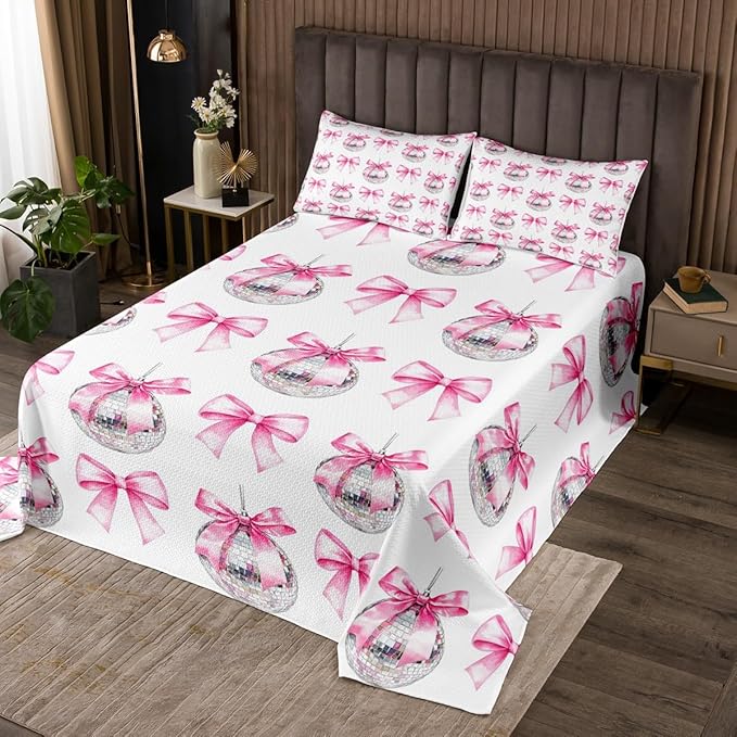Cartoon Bowknot Kid Bedspread Twin Size,Bow Tie Butterfly Knot Princess Coverlet Set,Girls Women Room Decor,Western Cowgirl Disco Ball Retro Quilted Coverlet,Pink White Bedding Quilt,1 Pillowcase