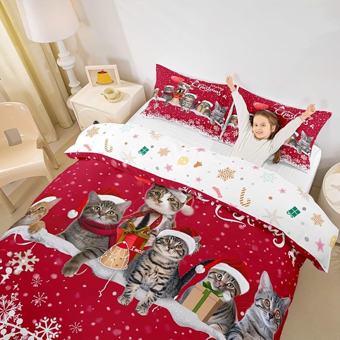 Merry Christmas Cat Bedding Set Xmas Snowflake Pet Cats Duvet Cover for Kids Children Teens Cute Kitten Comforter Cover 3D Animal Red White Bedspread Cover Bedroom Decor Quilt Cover 3Pcs Full Size