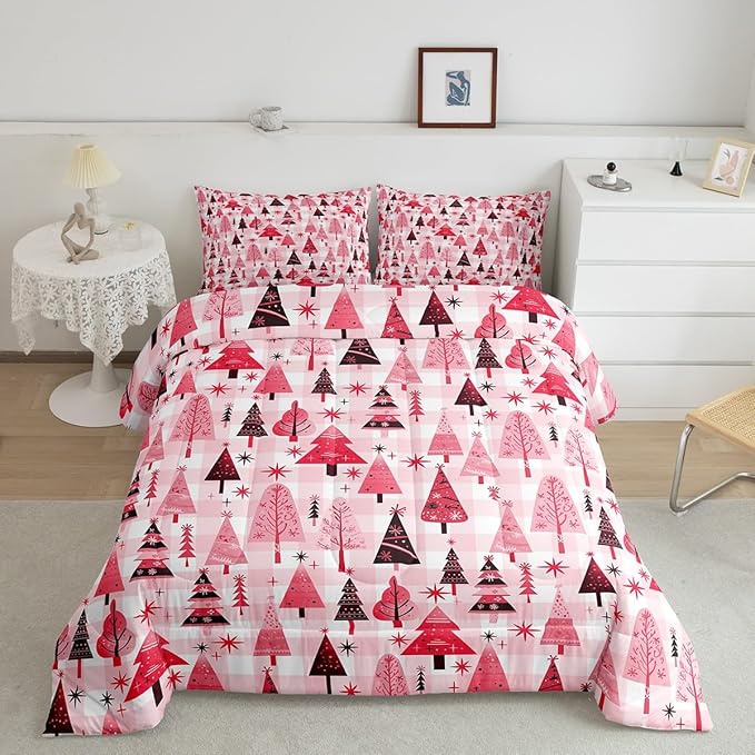 Manfei Cartoon Tree Comforter Set Full Size, Christmas Theme Bedding Set 3pcs for Kids Girls Adults Bedroom Decor, New Year Pink Plaid Down Comforter Soft Polyester Quilt Set with 2 Pillowcases
