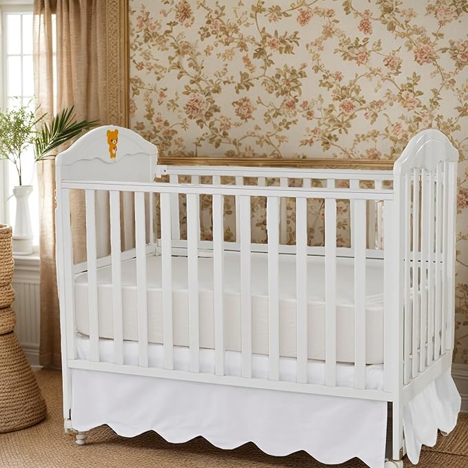 Brandream Scallop Edge Cotton Crib Skirt Toddler Bedskirt Baby Nursery Crib Bed Skirt Boho BohemianNeutral Solid Color Cream Off White Farmhouse Chic Boho Bohemian Skirt