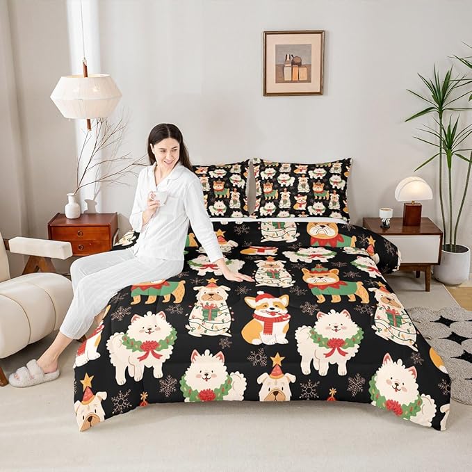 Castle Fairy Christmas Pets King Size Comforter/Duvet Set,Cute Puppy Dog Animal Ultra Soft Bed Collection,Merry Christmas Theme Bedding for Room Decor 3 Pcs,Microfiber Breathable